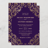 Invitation Cadre Or Ornament élégant sur Mariage violet (Devant / Derrière)