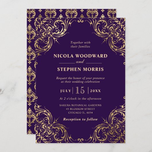 Invitation Cadre Or Ornament élégant sur Mariage violet (Devant / Derrière)