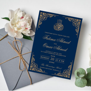 Invitation Cadre Or Ornate Bleu islamique Mariage musulman