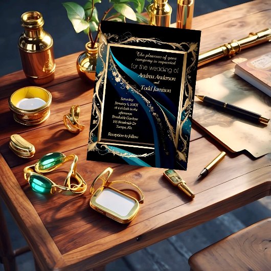 Invitation Cadre or orné turquoise bleu noir mariage