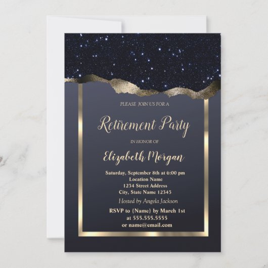 Invitation Cadre Or, Retraite Parties scintillant Noire (Devant)