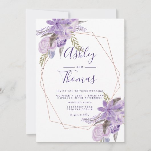 Invitation Cadre or rose couleur d'aquarelle fleurie violet m (Devant)