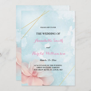 Invitation Cadre or rose floral bleu Mariage d'aquarelle