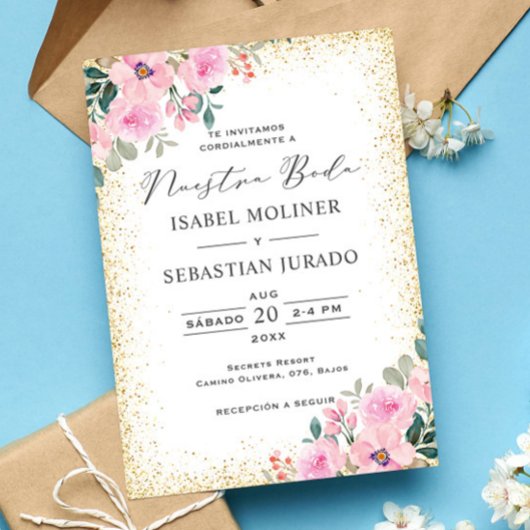 Invitation Cadre Or Rose Floral Nuestra Boda Espagnol