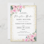 Invitation Cadre Or Rose Floral Nuestra Boda Espagnol (Devant)