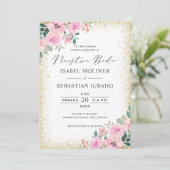 Invitation Cadre Or Rose Floral Nuestra Boda Espagnol (Debout devant)