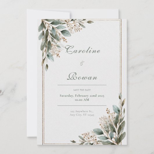 Invitation Cadre Or Rustique Fleurs Blanches d'Eucalyptus Mar (Devant)