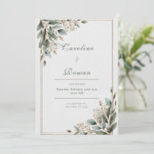 Invitation Cadre Or Rustique Fleurs Blanches d'Eucalyptus Mar (Debout devant)