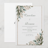 Invitation Cadre Or Rustique Fleurs Blanches d'Eucalyptus Mar (Devant / Derrière)