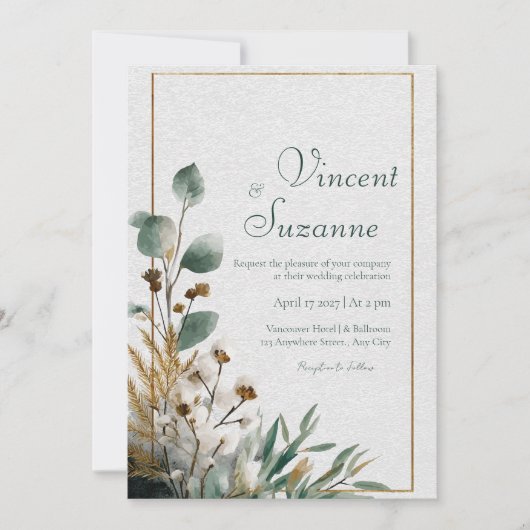 Invitation Cadre Or Rustique Orchidée Eucalyptus Botanique (Devant)