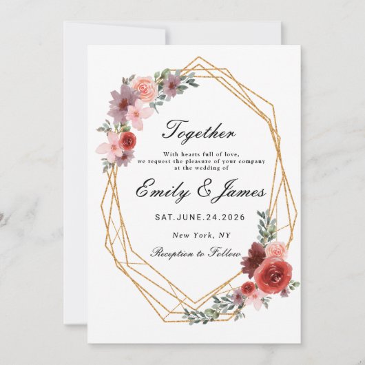 Invitation cadre or simple chic Aquarelle mariage Floral (Devant)