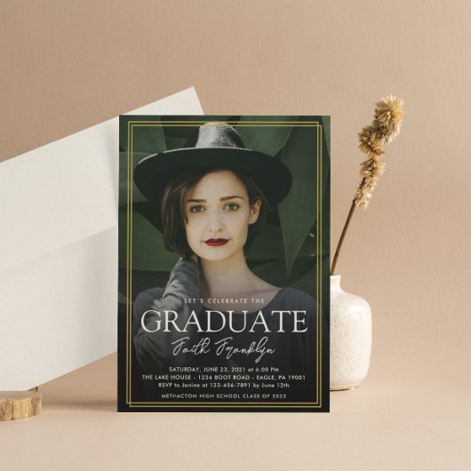 Invitation Cadre Or Simple Deux Photo Graduation Verticale