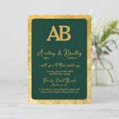 Invitation Cadre Or Texture Verte 2 Lettre Monogramme Mariage (Debout devant)