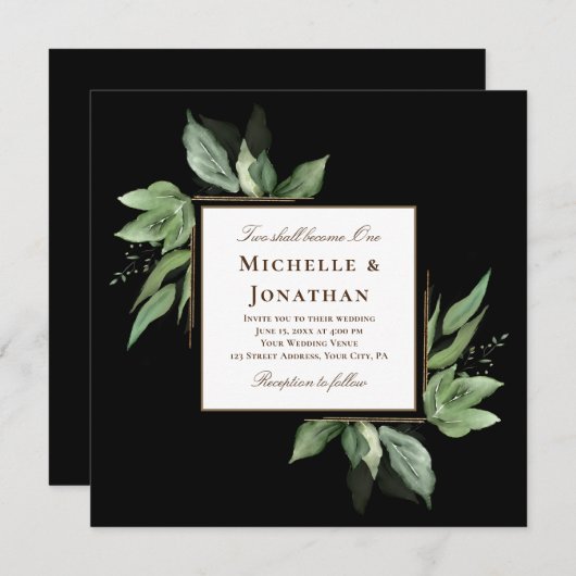Invitation Cadre or verdoyant sur Mariage chrétien noir (Devant / Derrière)