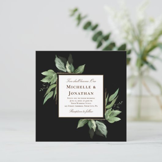 Invitation Cadre or verdoyant sur Mariage chrétien noir (Debout devant)