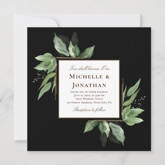 Invitation Cadre or verdoyant sur Mariage chrétien noir (Devant)