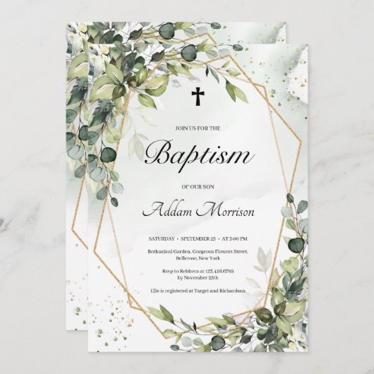 Invitation Cadre or verdure feuillage feuille boho baptism (Devant / Derrière)