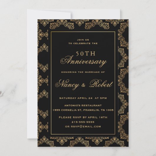 Invitation Cadre Ornate Or Black 50e anniversaire Mariage (Devant)