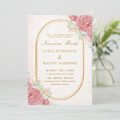 Invitation Cadre orné de fleurs roses élégantes Nuestra Boda (Debout devant)