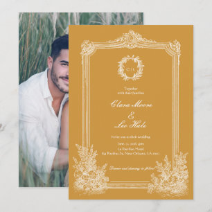 Invitation Cadre Orné Vintage Jaune Moutarde Photo de Mariage