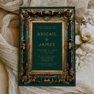 Invitation Cadre Orné Vintage Vert Émeraude Or Mariage