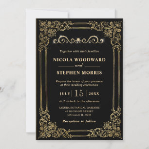 Invitation Cadre Ornement Élégant Doré sur Mariage Noir
