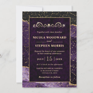 Invitation Cadre Ornement Élégant Or Mariage Agate Violette