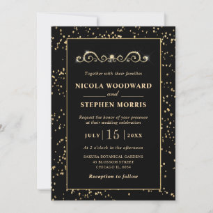 Invitation Cadre Ornement Élégant Or sur Mariage Noir