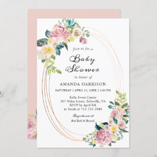 Invitation Cadre Ovale Moderne Baby shower Floral Pastel Blus