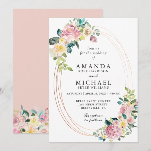 Invitation Cadre Ovale Moderne Pastel Blush Floral Mariage (Devant / Derrière)