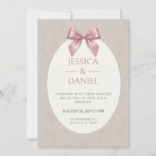 Invitation Cadre ovale taupe avec nœud en satin rose embossé