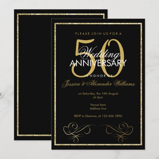 Invitation Cadre Pailleté Or Glamour 50 ans de Mariage (Devant / Derrière)