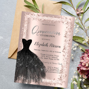 Invitation Cadre Pailleté, Robe Noire Rose Gold 15e Anniversa