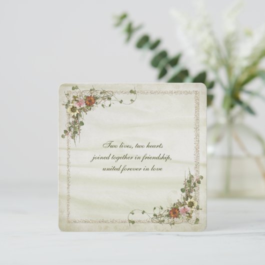 Invitation Cadre parties scintillant or avec bouquet fleuri (Debout devant)