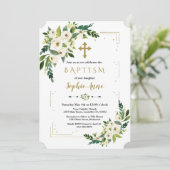 Invitation Cadre Parties scintillant Or Blanc Floral Baptême (Debout devant)