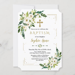 Invitation Cadre Parties scintillant Or Blanc Floral Baptême