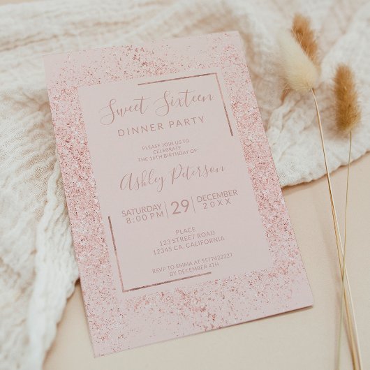 Invitation Cadre parties scintillant or rose rose pastel rose
