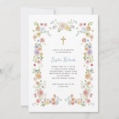 Invitation Cadre Pastel Floral et Croix Or | Baptême (Devant)