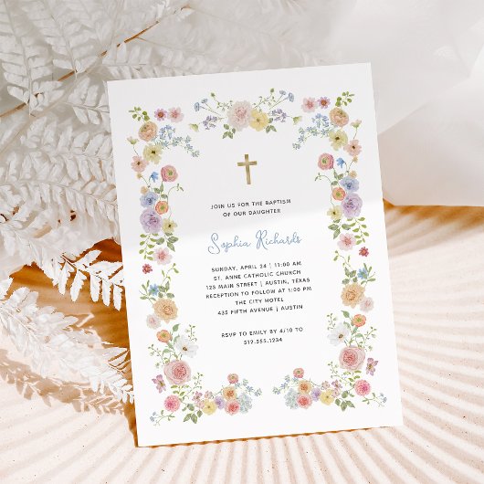 Invitation Cadre Pastel Floral et Croix Or | Baptême