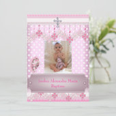 Invitation Cadre photo blanc rose Croix Baptême 2 (Debout devant)