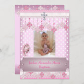 Invitation Cadre photo blanc rose Croix Baptême 2 (Devant / Derrière)