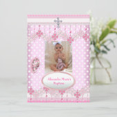 Invitation Cadre photo blanc rose Croix Baptême 3 (Debout devant)