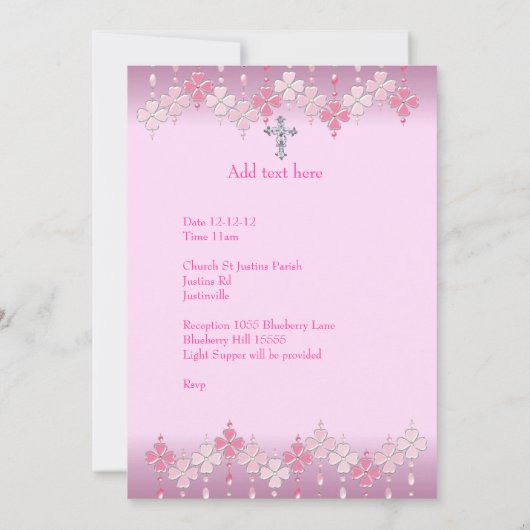 Invitation Cadre photo blanc rose Croix Baptême 3 (Dos)