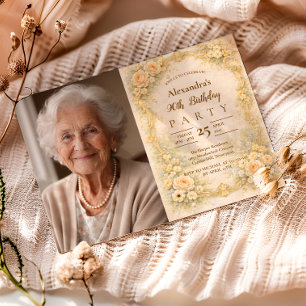 Invitation Cadre photo Champagne Baroque Floral 90e Anniversa
