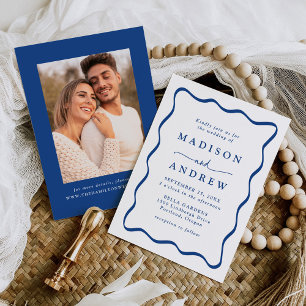 Invitation Cadre photo de mariage moderne bleu ondulé
