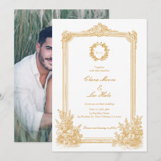 Invitation Cadre photo de mariage orné vintage or