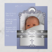 Invitation Cadre photo en argent bleu Croix de bijoux Christe (Devant / Derrière)