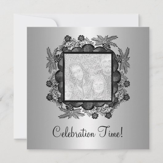Invitation Cadre photo floral noir argent 50e anniversaire 2 (Devant)