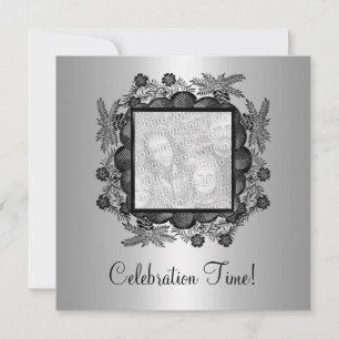 Invitation Cadre photo floral noir argent 50e anniversaire 2