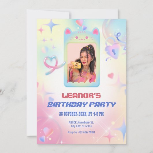 Invitation Cadre photo rose chaton mignon y2k anniversaire (Devant)